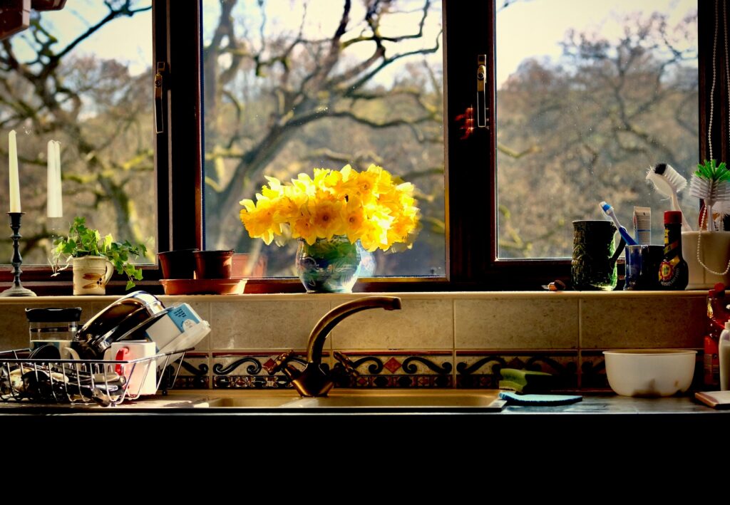 collection-01 Sunny kitchen window scene featuring vibrant yellow daffodils and kitchen essentials.